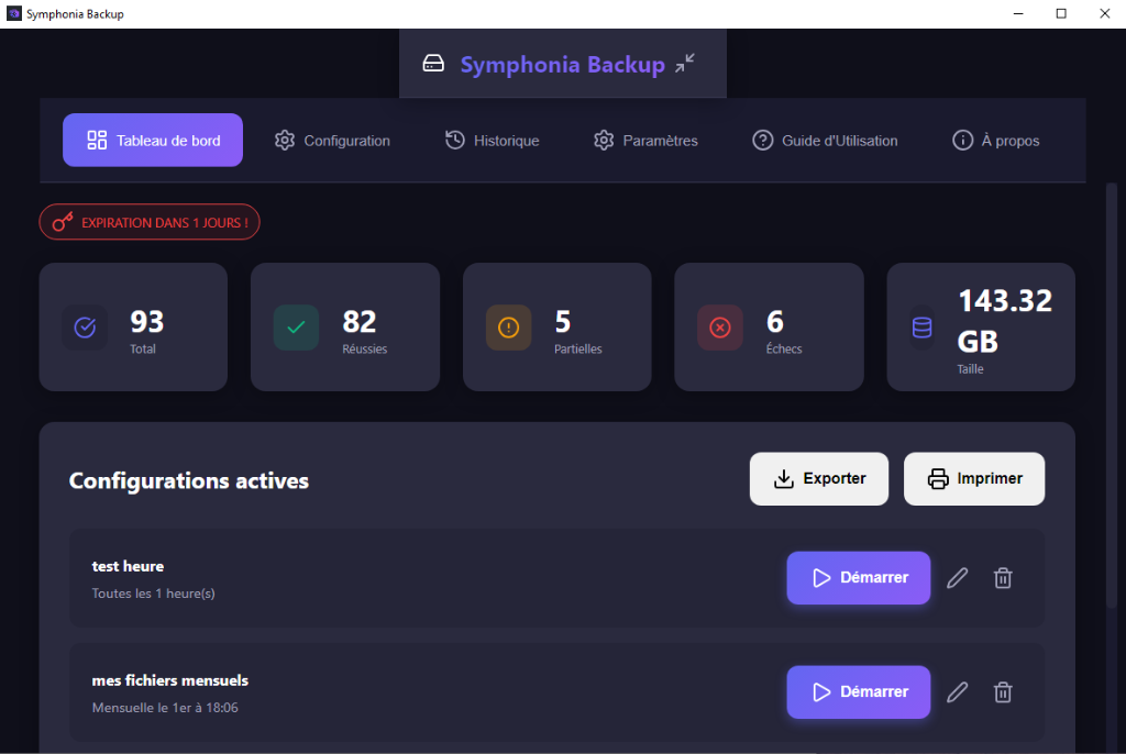 Interface du logiciel Symphonia Backup